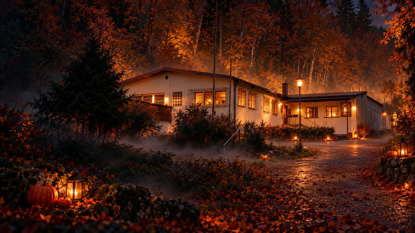 Halloween-Stimmung mit beleuchteter Fallplattenanlage im Schützenhaus Zwiefalten
